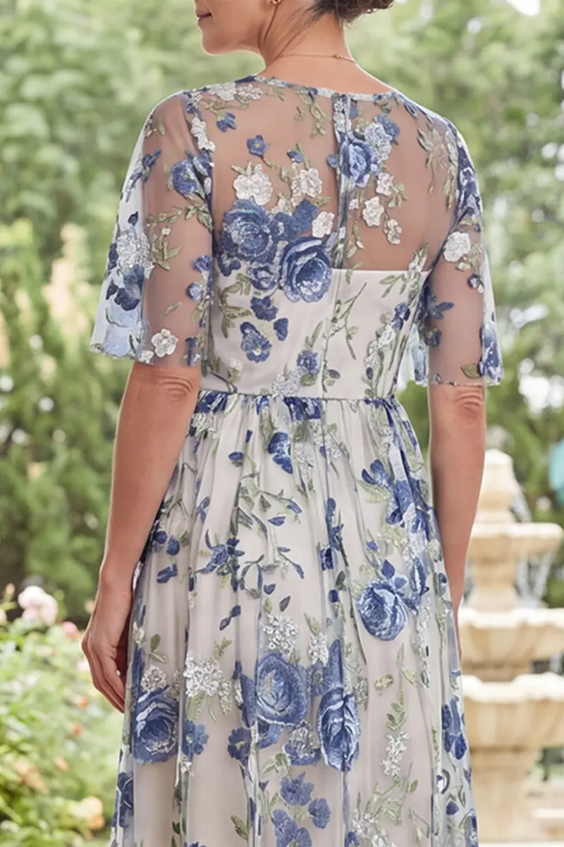 Blue Round-Neck Tulle Mother-of-the-Bride Dress – Floral Maxi with Side Slit - Image 4