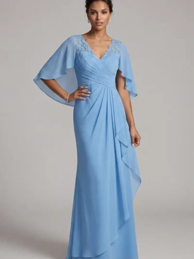 Blue Sheath Mother-of-the-Bride Dress – Chiffon, V-Neck, Cape Sleeves, Ruffled Hem