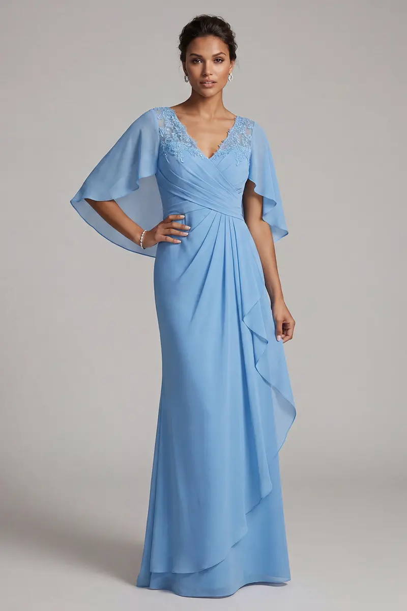 Blue Sheath Mother-of-the-Bride Dress – Chiffon, V-Neck, Cape Sleeves, Ruffled Hem