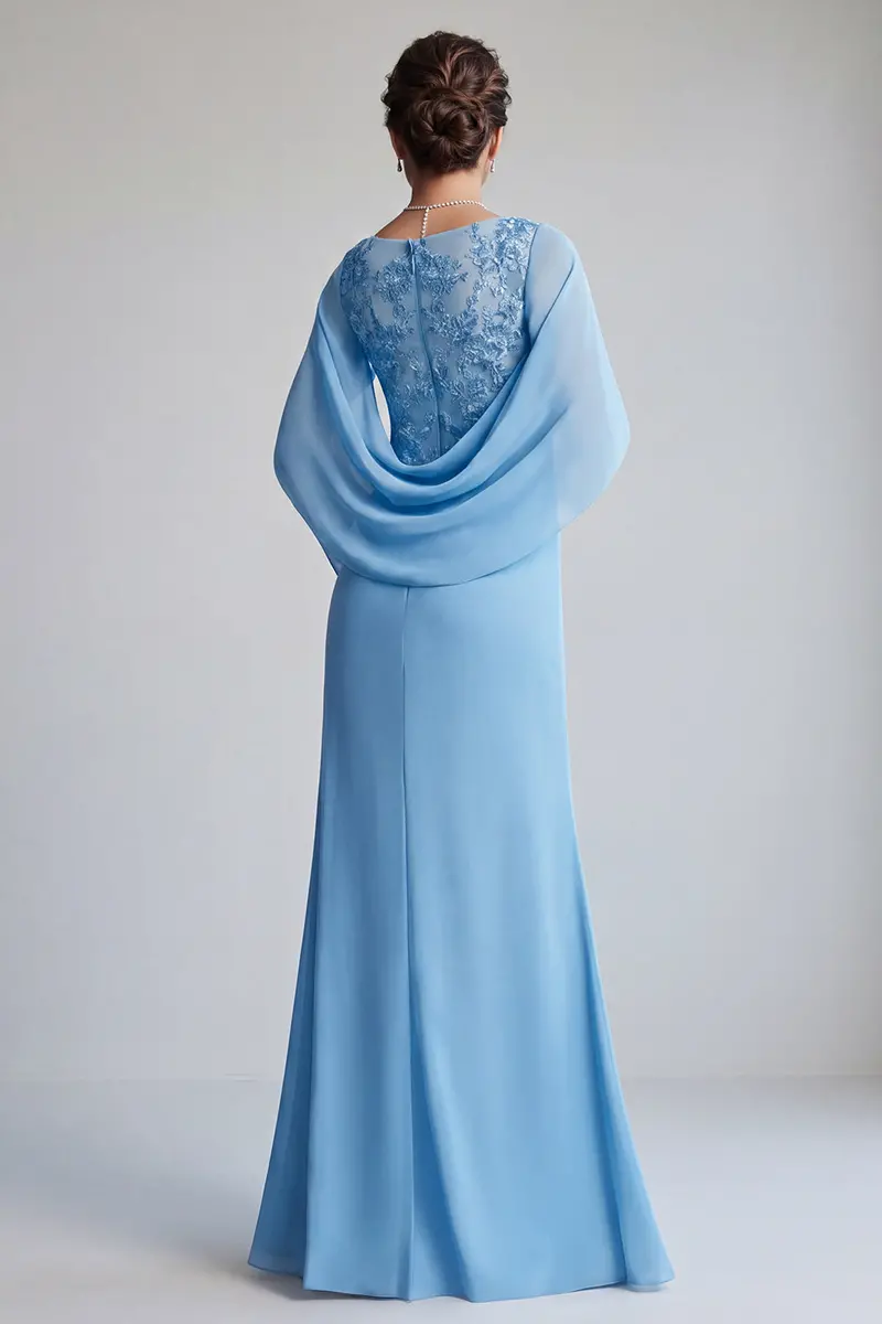 Blue Sheath Mother-of-the-Bride Dress – Chiffon, V-Neck, Cape Sleeves, Ruffled Hem - Image 2