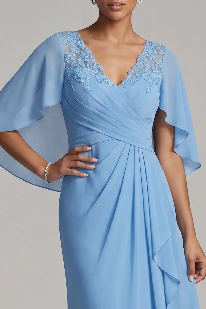 Blue Sheath Mother-of-the-Bride Dress – Chiffon, V-Neck, Cape Sleeves, Ruffled Hem - Image 3