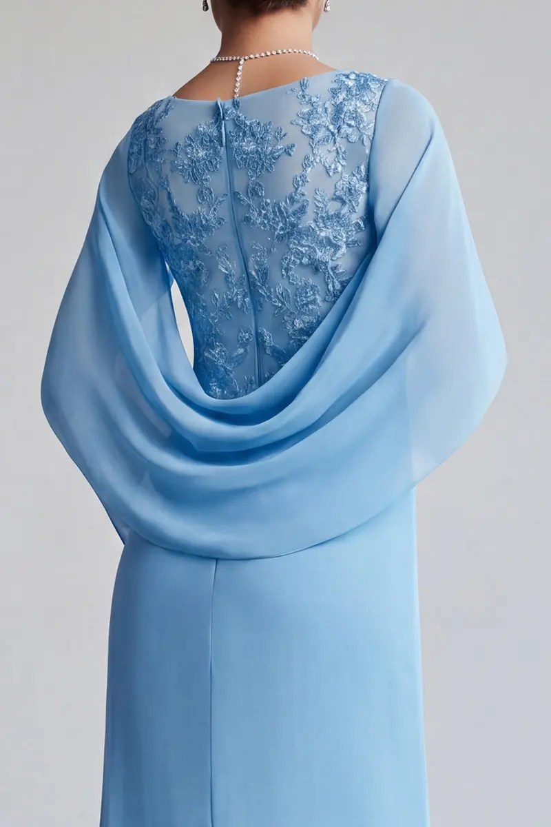 Blue Sheath Mother-of-the-Bride Dress – Chiffon, V-Neck, Cape Sleeves, Ruffled Hem - Image 4