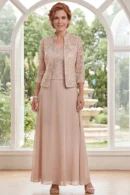 Champagne A-Line Mother-of-the-Bride Dress – Floral Print, 3/4-Length Sleeves