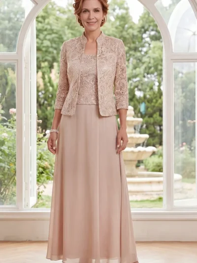 Champagne A-Line Mother-of-the-Bride Dress – Floral Print, 3/4-Length Sleeves