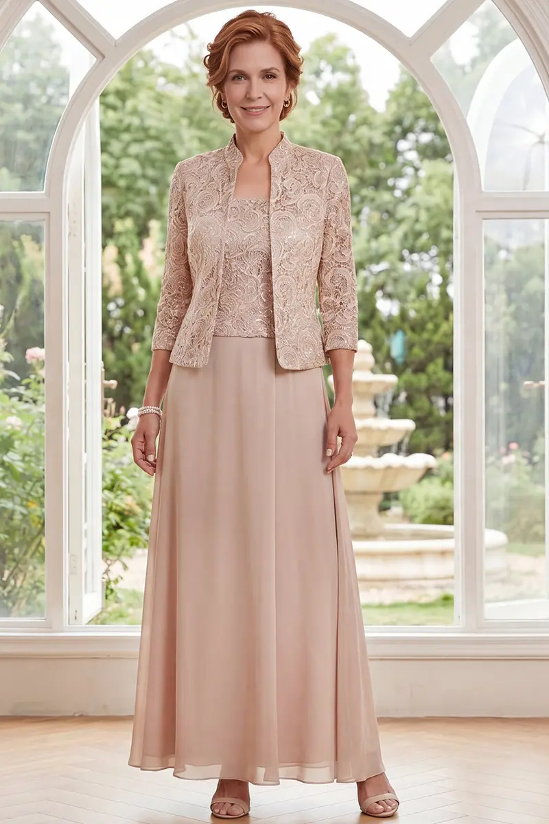Champagne A-Line Mother-of-the-Bride Dress – Floral Print, 3/4-Length Sleeves