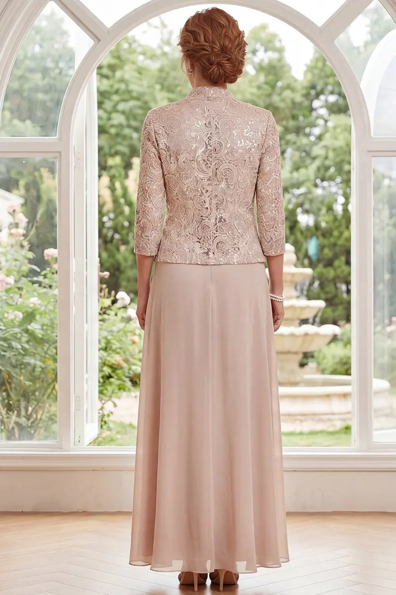 Champagne A-Line Mother-of-the-Bride Dress – Floral Print, 3/4-Length Sleeves - Image 2