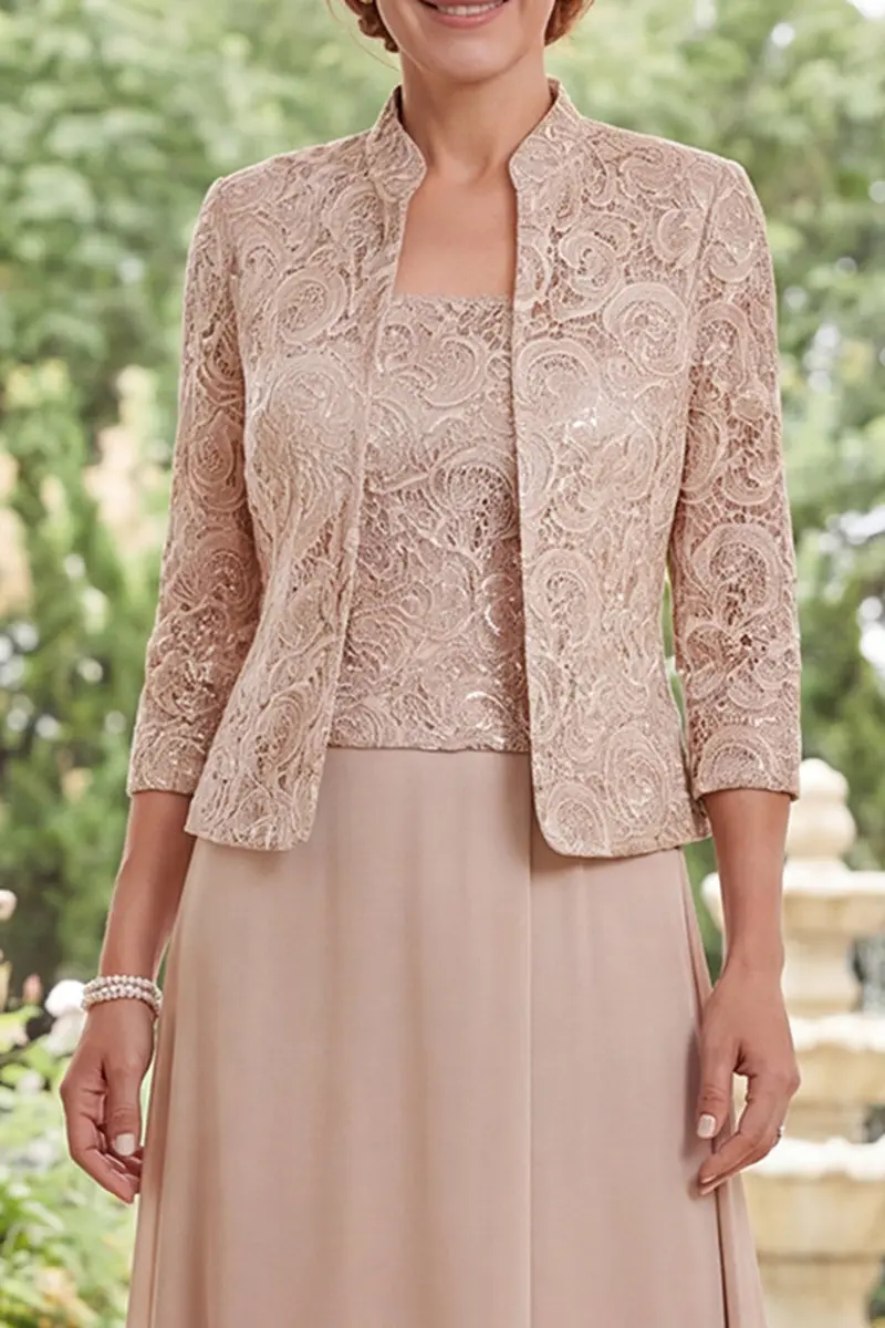 Champagne A-Line Mother-of-the-Bride Dress – Floral Print, 3/4-Length Sleeves - Image 3