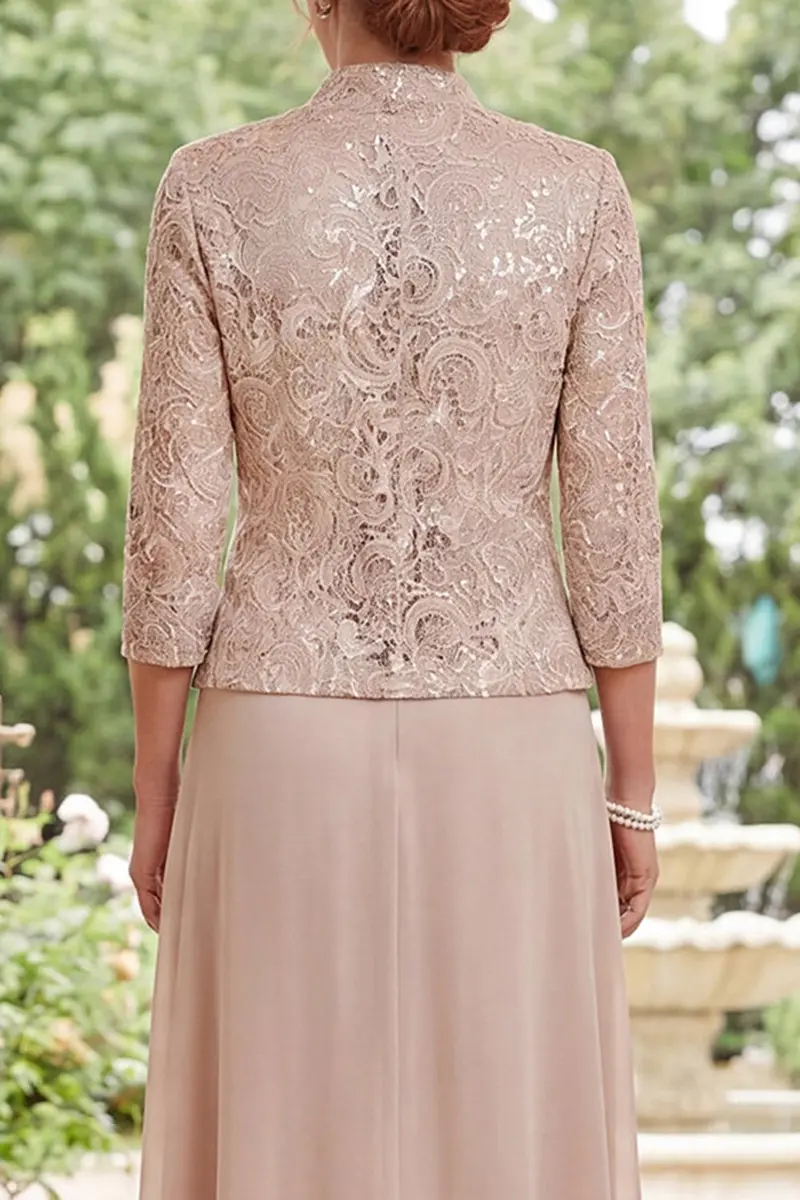 Champagne A-Line Mother-of-the-Bride Dress – Floral Print, 3/4-Length Sleeves - Image 4