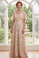 Champagne V-Neck A-Line Mother-of-the-Bride Dress – Flutter Sleeves, Floral Detailing