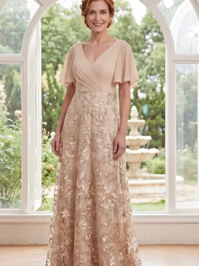 Champagne V-Neck A-Line Mother-of-the-Bride Dress – Flutter Sleeves, Floral Detailing