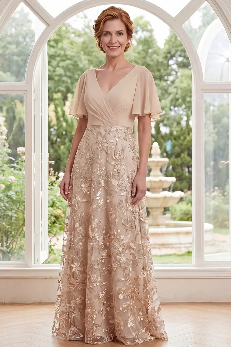 Champagne V-Neck A-Line Mother-of-the-Bride Dress – Flutter Sleeves, Floral Detailing