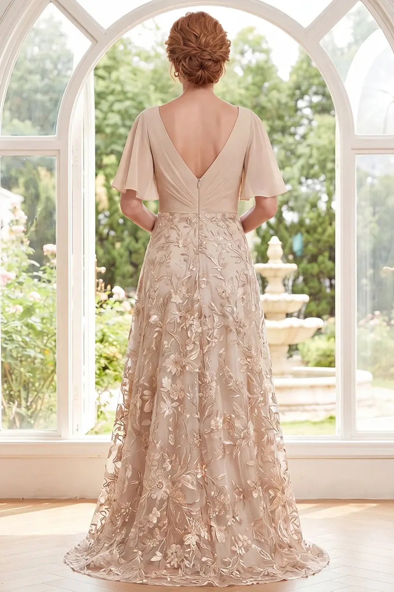 Champagne V-Neck A-Line Mother-of-the-Bride Dress – Flutter Sleeves, Floral Detailing - Image 2