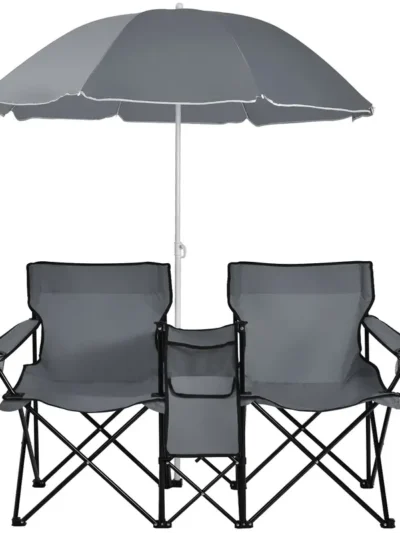 Compact Double Picnic Chair Set with Built-In Umbrella, Mini Table, Beverage Holders & Carry Bag