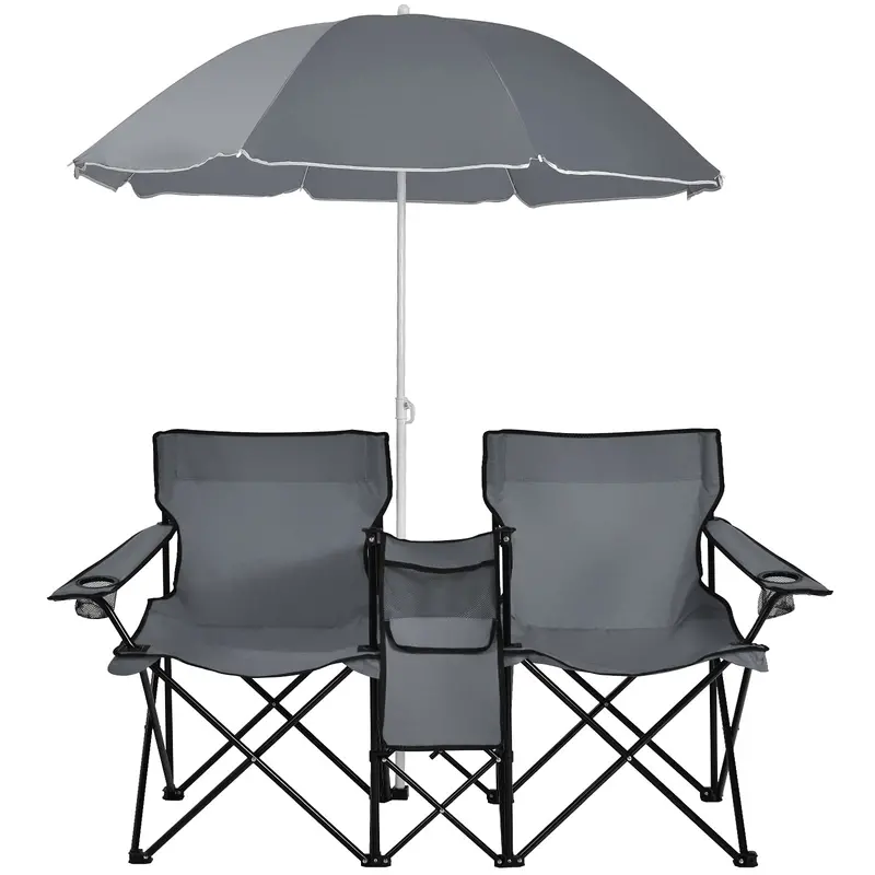 Compact Double Picnic Chair Set with Built-In Umbrella, Mini Table, Beverage Holders & Carry Bag
