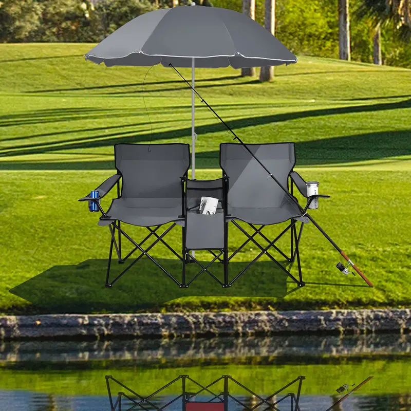 Compact Double Picnic Chair Set with Built-In Umbrella, Mini Table, Beverage Holders & Carry Bag - Image 3