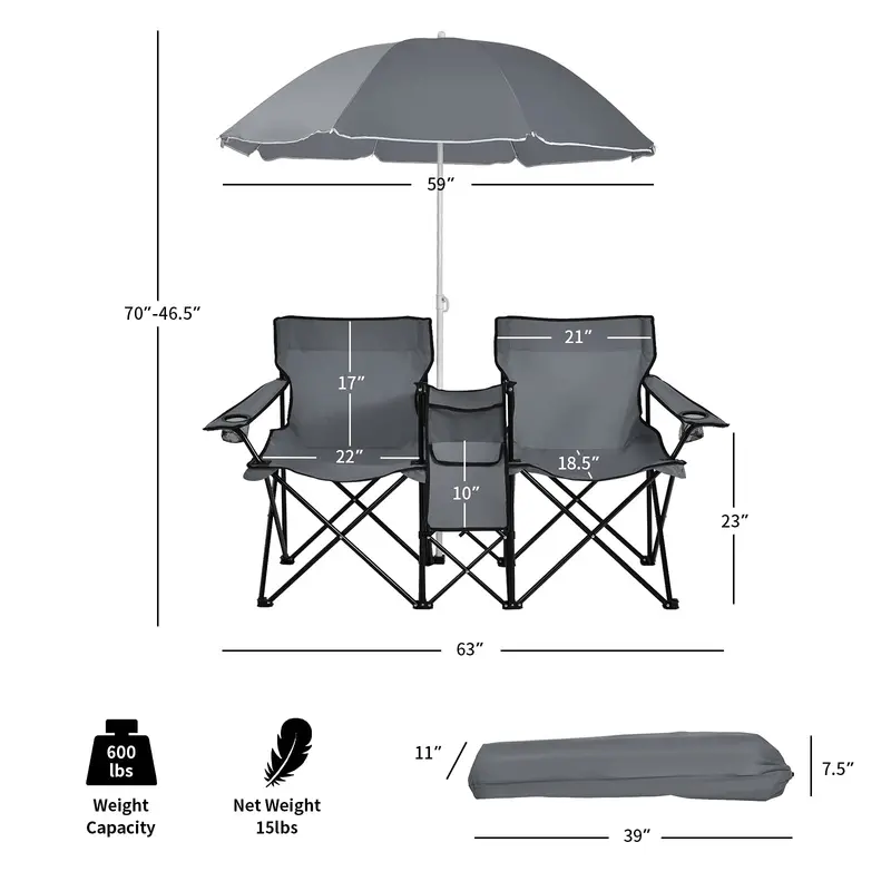 Compact Double Picnic Chair Set with Built-In Umbrella, Mini Table, Beverage Holders & Carry Bag - Image 8