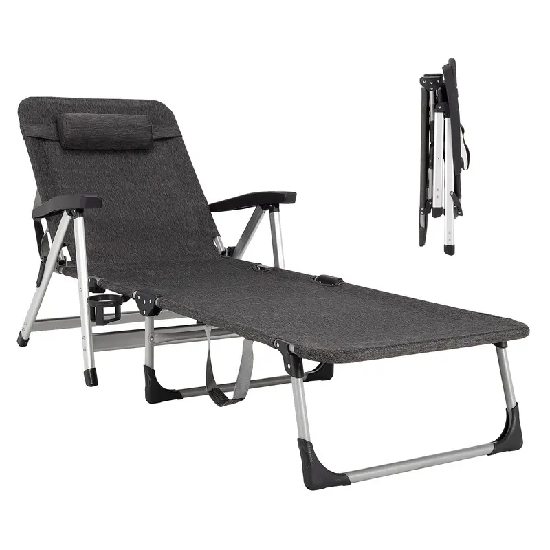 Folding Chaise Lounge Chair – Outdoor Patio Lounger with Cup Holder & Removable Headrest