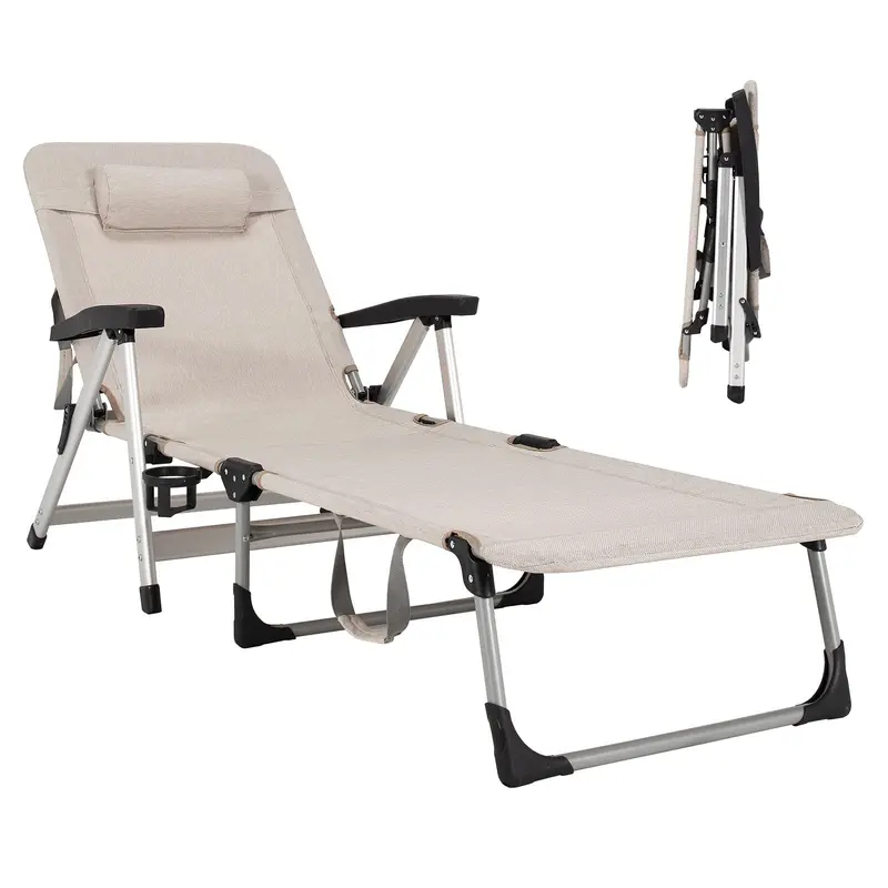 Folding Chaise Lounge Chair – Outdoor Patio Lounger with Cup Holder & Removable Headrest - Image 4