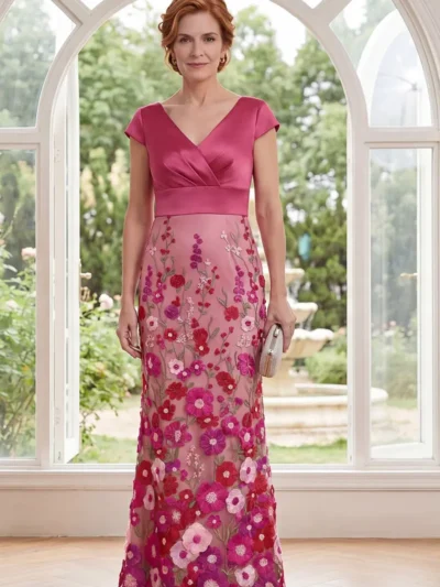 Fuchsia V-Neck Floral Mother-of-the-Bride Dress – Mermaid Silhouette, Cap Sleeves