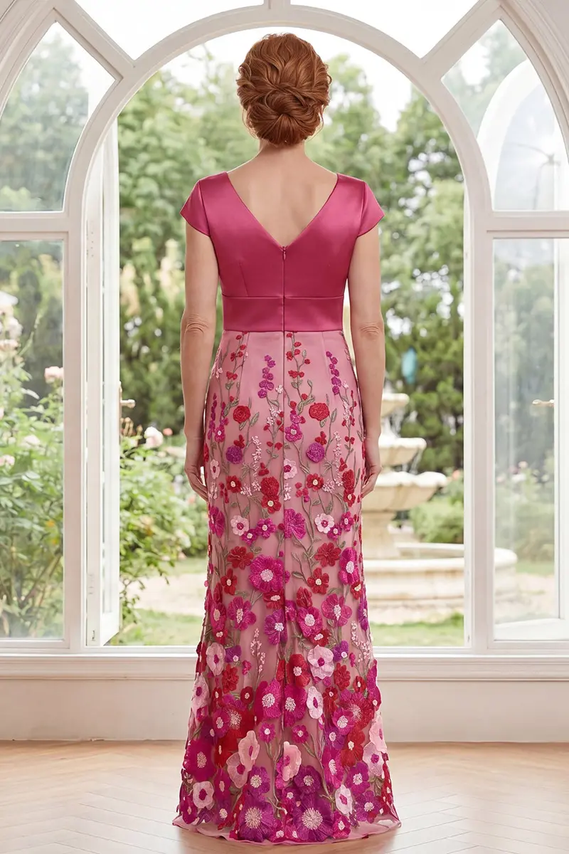 Fuchsia V-Neck Floral Mother-of-the-Bride Dress – Mermaid Silhouette, Cap Sleeves - Image 2