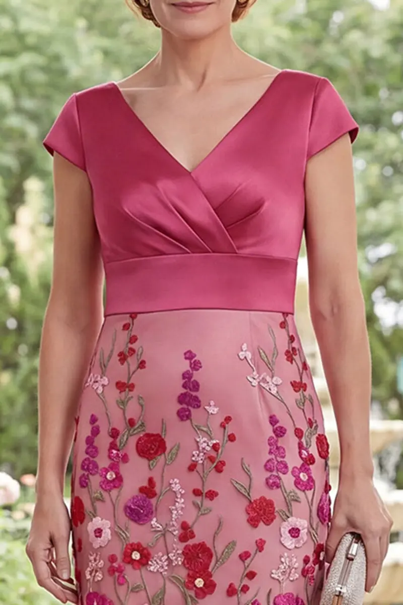 Fuchsia V-Neck Floral Mother-of-the-Bride Dress – Mermaid Silhouette, Cap Sleeves - Image 3