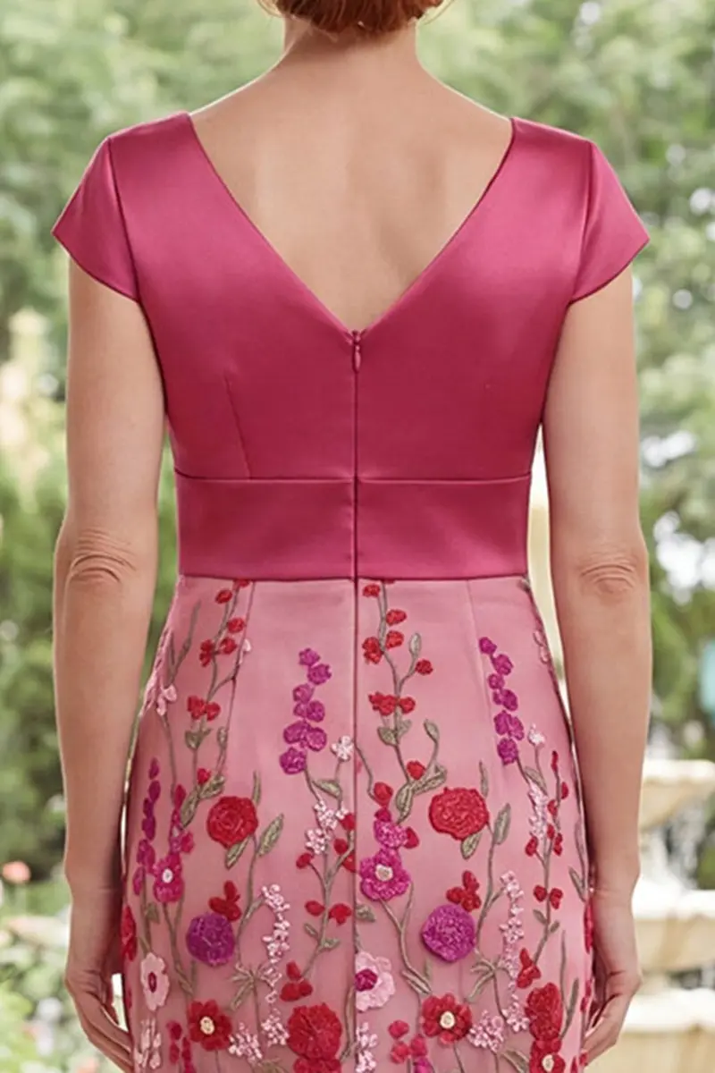 Fuchsia V-Neck Floral Mother-of-the-Bride Dress – Mermaid Silhouette, Cap Sleeves - Image 4