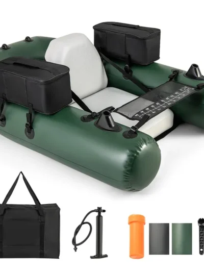 Inflatable Fishing Float Tube with Integrated Fish Ruler, Dual Detachable Gear Bags & Carry Kit