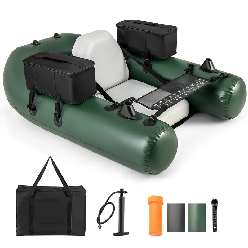 Inflatable Fishing Float Tube with Integrated Fish Ruler, Dual Detachable Gear Bags & Carry Kit
