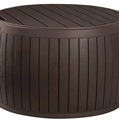Keter Circa 37-Gallon Round Outdoor Storage Deck Box – Brown Patio Table with Cushion Storage