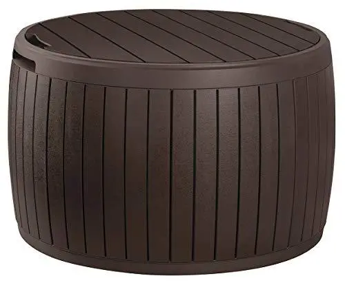 Keter Circa 37-Gallon Round Outdoor Storage Deck Box – Brown Patio Table with Cushion Storage