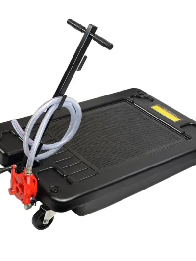 Low-Profile 17-Gallon Oil Drain Pan with Pump – 8-Foot Hose, Ideal for Trucks and Cars