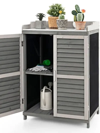 Outdoor Garden Potting Bench with Lockable Metal Cabinet and Durable Steel Tabletop