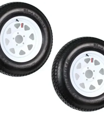 Pair of ST205/75D15 Trailer Tires Mounted on White Spoke Rims — 5-Lug LRC Rated