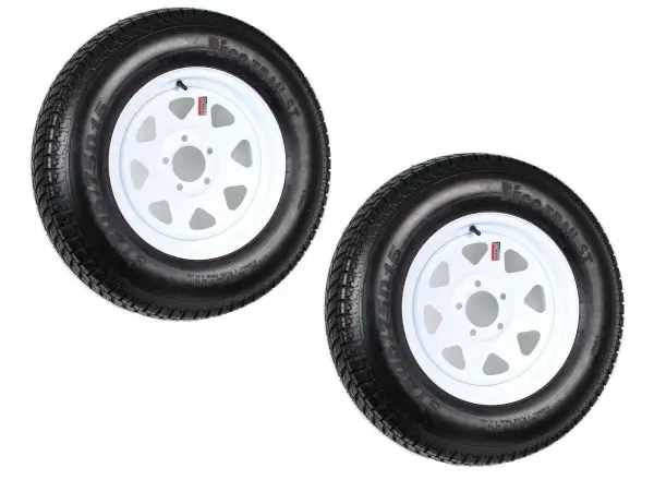 Pair of ST205/75D15 Trailer Tires Mounted on White Spoke Rims — 5-Lug LRC Rated
