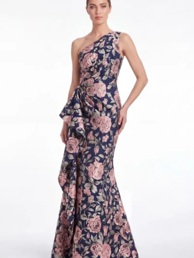Pink Floral Mermaid Mother-of-the-Bride Dress – One-Shoulder Jacquard Gown with Ruffles