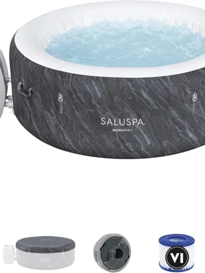 Portable 2–4-Person Round Inflatable Hot Tub – Outdoor Spa with 120 Air Jets & Energy-Saving Cover (Grey)