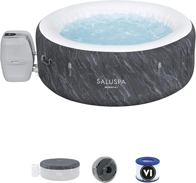 Portable 2–4-Person Round Inflatable Hot Tub – Outdoor Spa with 120 Air Jets & Energy-Saving Cover (Grey)