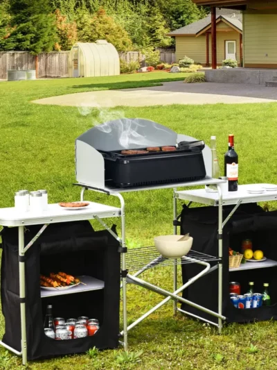 Portable Folding Camping Kitchen Table with Integrated Storage Compartments