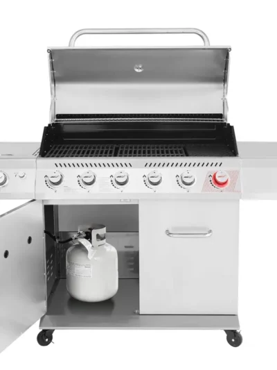 Premier 6-Burner Stainless Steel Propane Grill – Sear Burner, Side Burner, 74,000 BTU, Cabinet-Style Outdoor BBQ