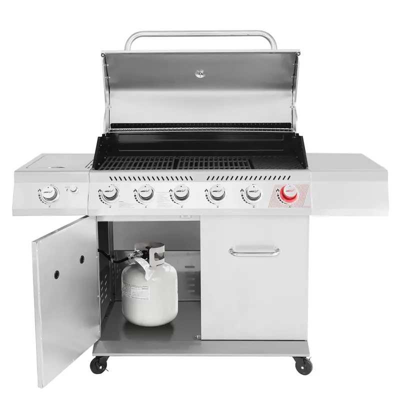 Premier 6-Burner Stainless Steel Propane Grill – Sear Burner, Side Burner, 74,000 BTU, Cabinet-Style Outdoor BBQ