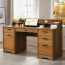 Vintage Brown Executive Desk with 6 Drawers – 58-Inch Wood Study Desk with File Cabinet Storage for Home Office