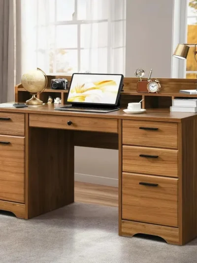 Vintage Brown Executive Desk with 6 Drawers – 58-Inch Wood Study Desk with File Cabinet Storage for Home Office